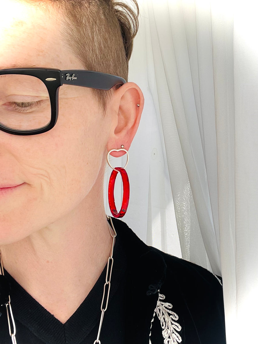 Open heart earrings - red