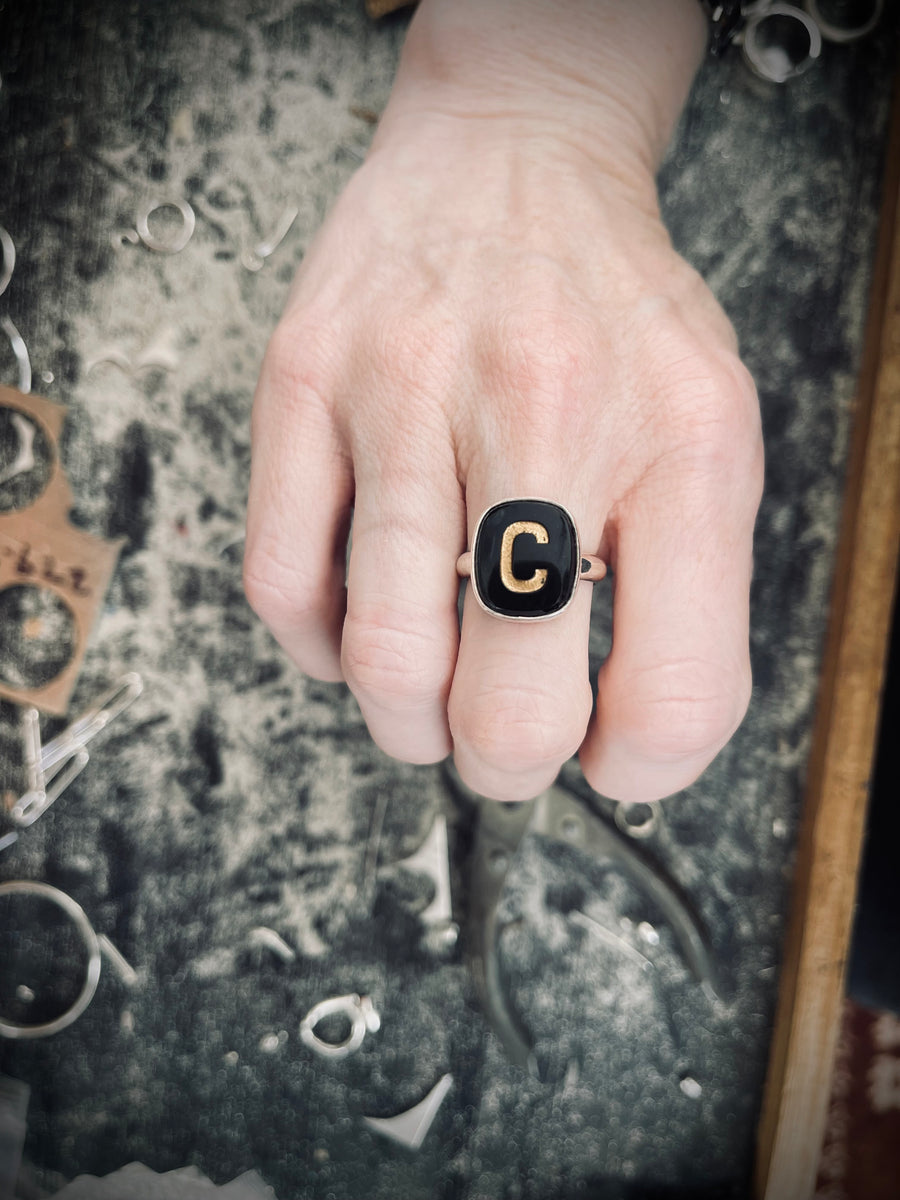 1930s glass letter signet ring