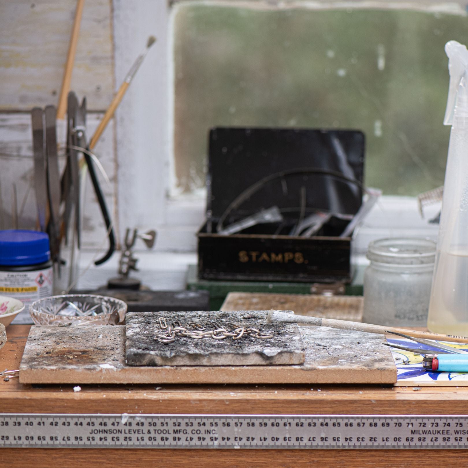 A jewellers studio bench with chain in the Otways