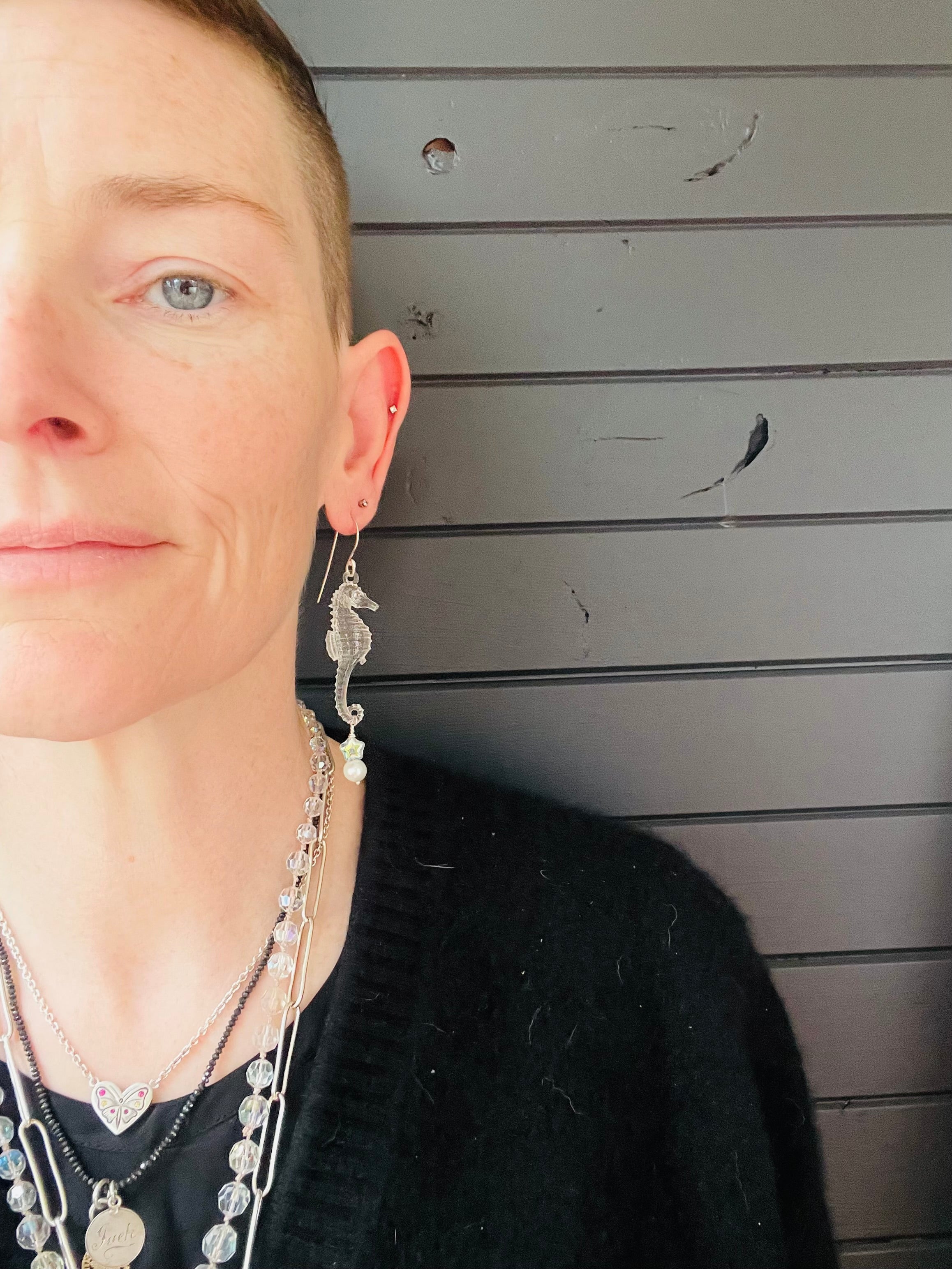 Emotional Support Seahorse earrings - clear with stars and pearls