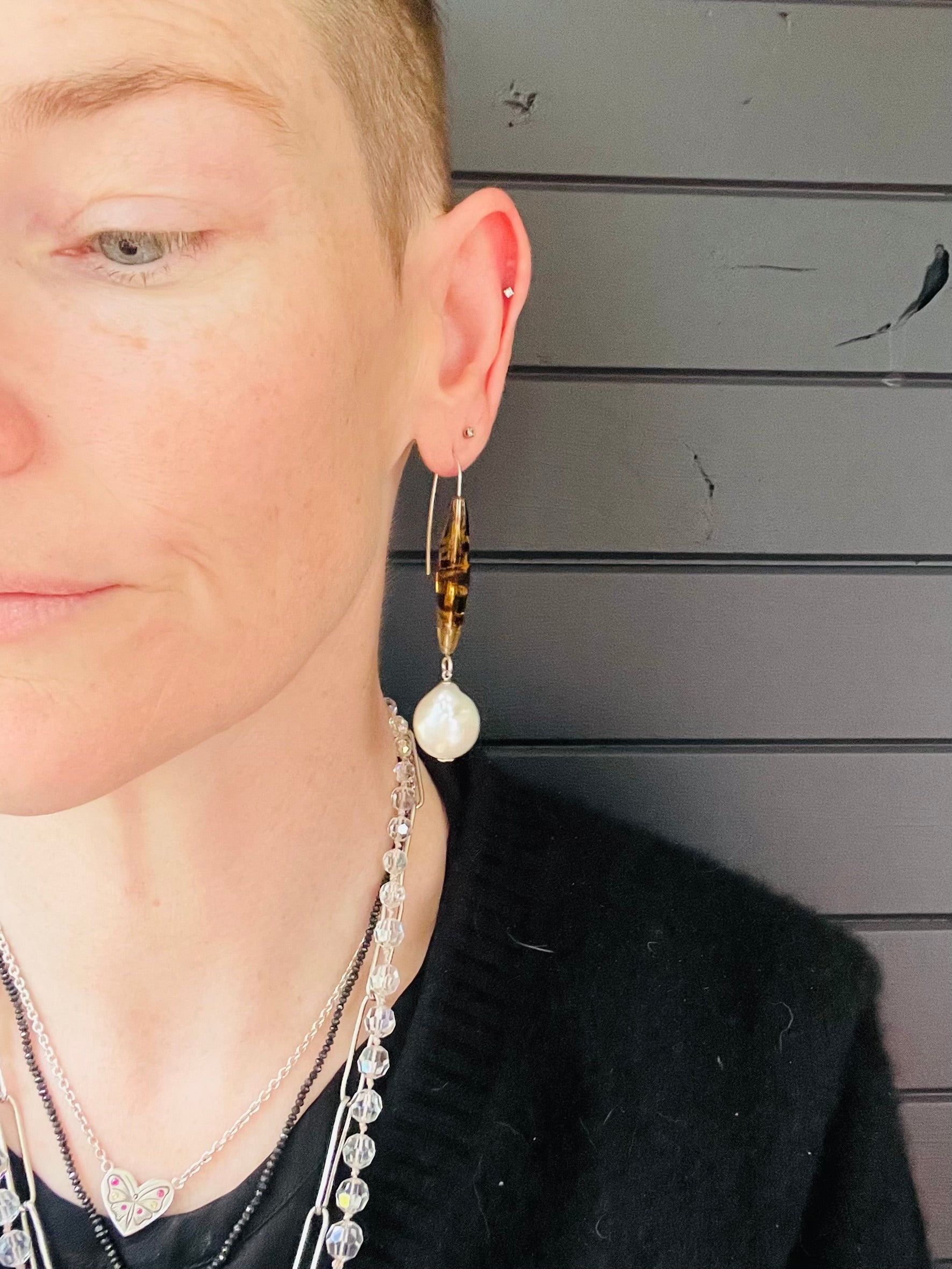 Tortoiseshell & reclaimed pearl earrings - one of a kind pair 1