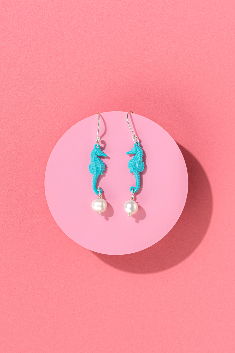 Little Emotional Support Seahorse earrings - blue with pearls