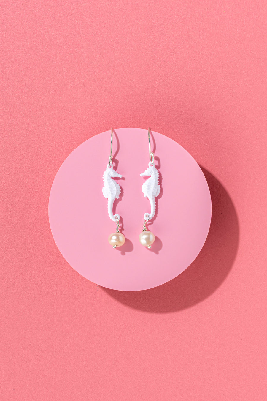 Little Emotional Support Seahorse earrings - white with pearls