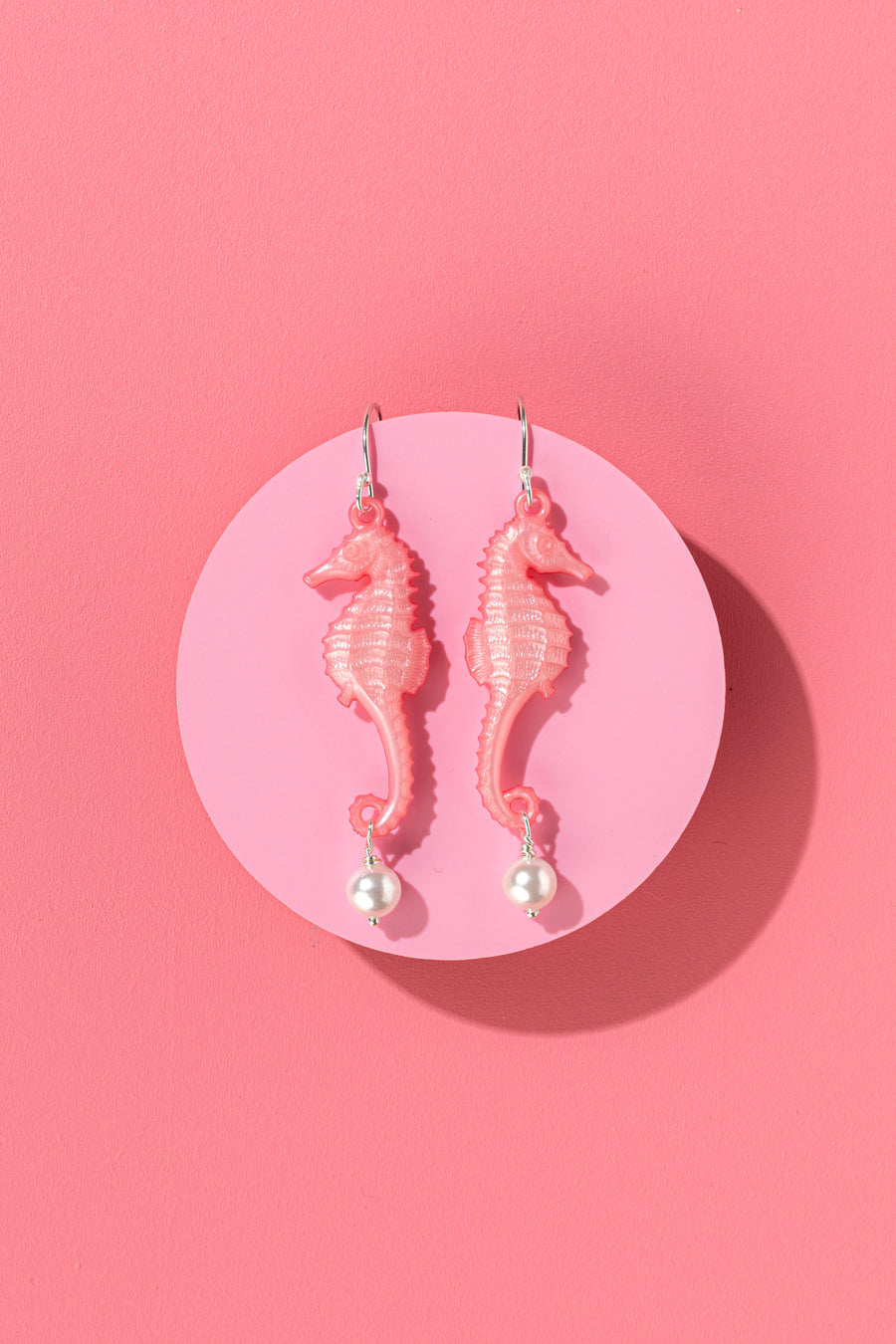 Emotional Support Seahorse earrings - coral pink with pearls