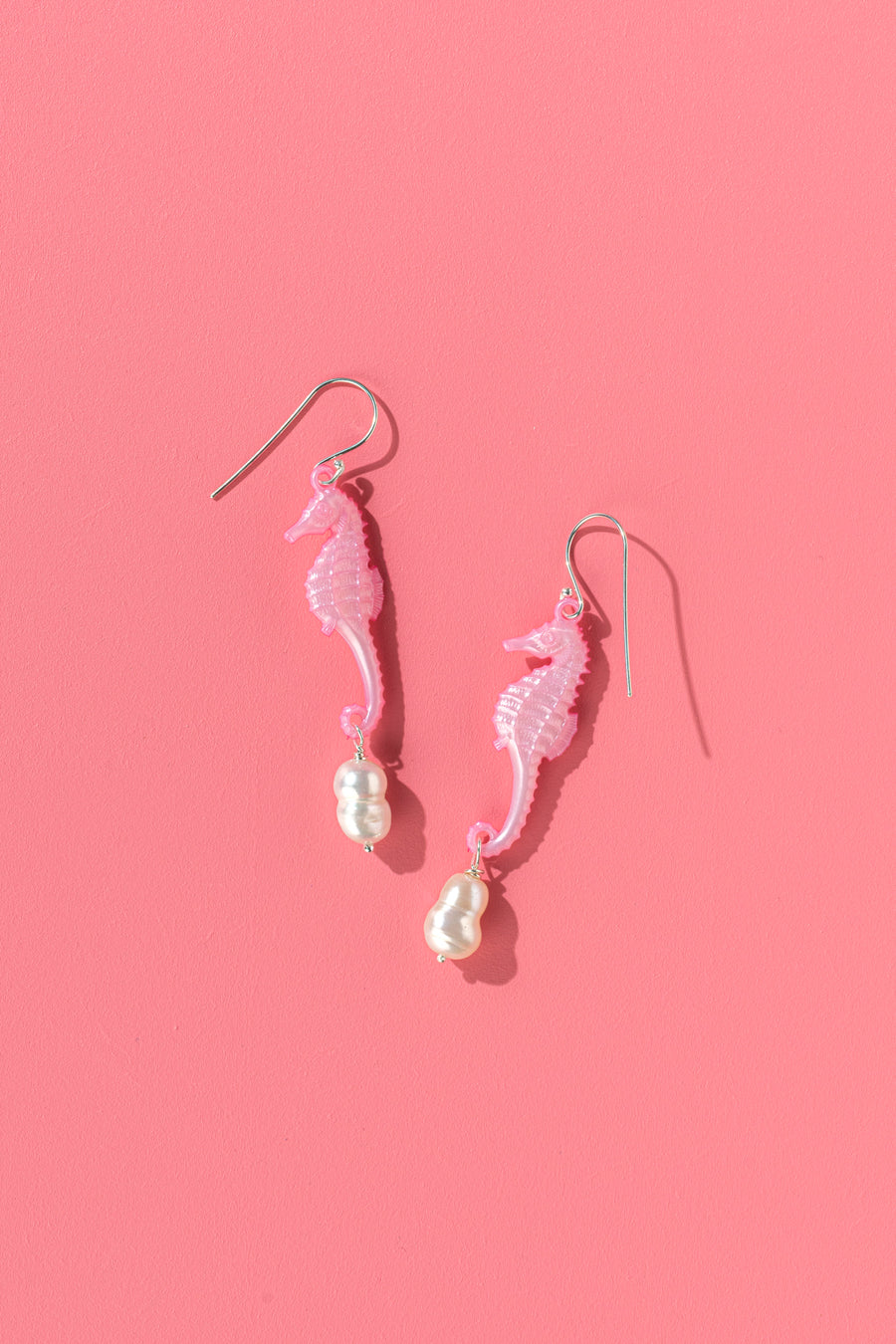 Emotional Support Seahorse earrings - pink with curvy pearls