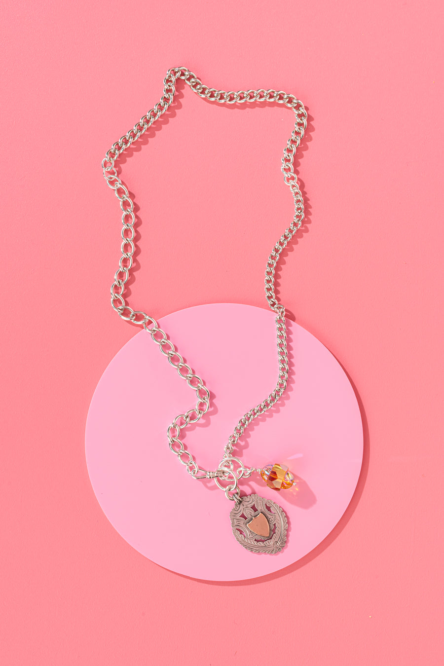 Vintage fob chain necklace with medal & Austrian crystal