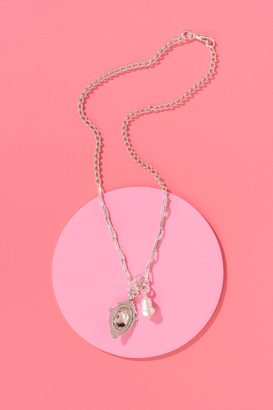 Vintage fob chain necklace with medal & large reclaimed pearl