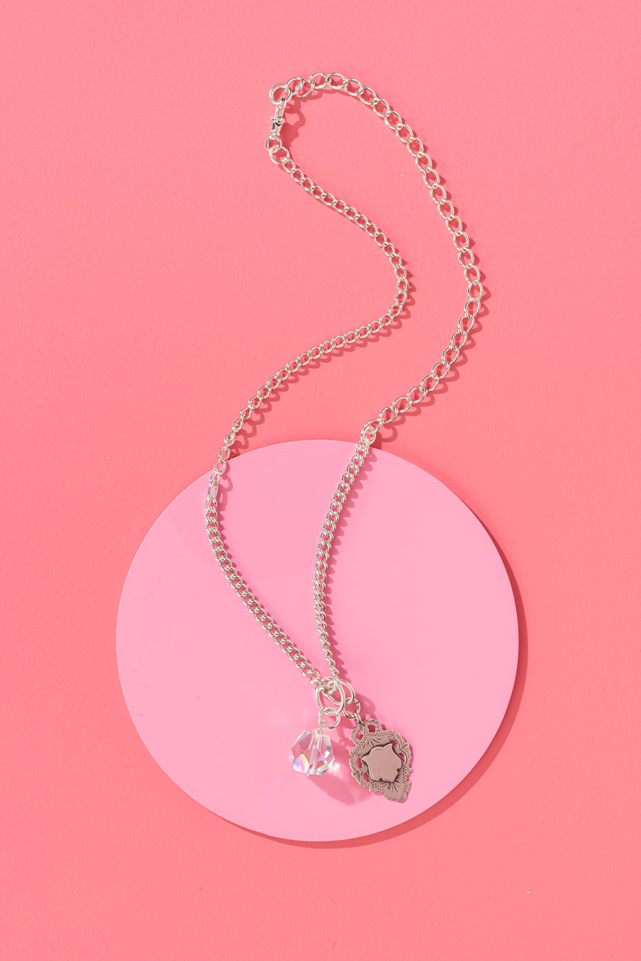 Vintage fob chain necklace with medal & Japanese crystal