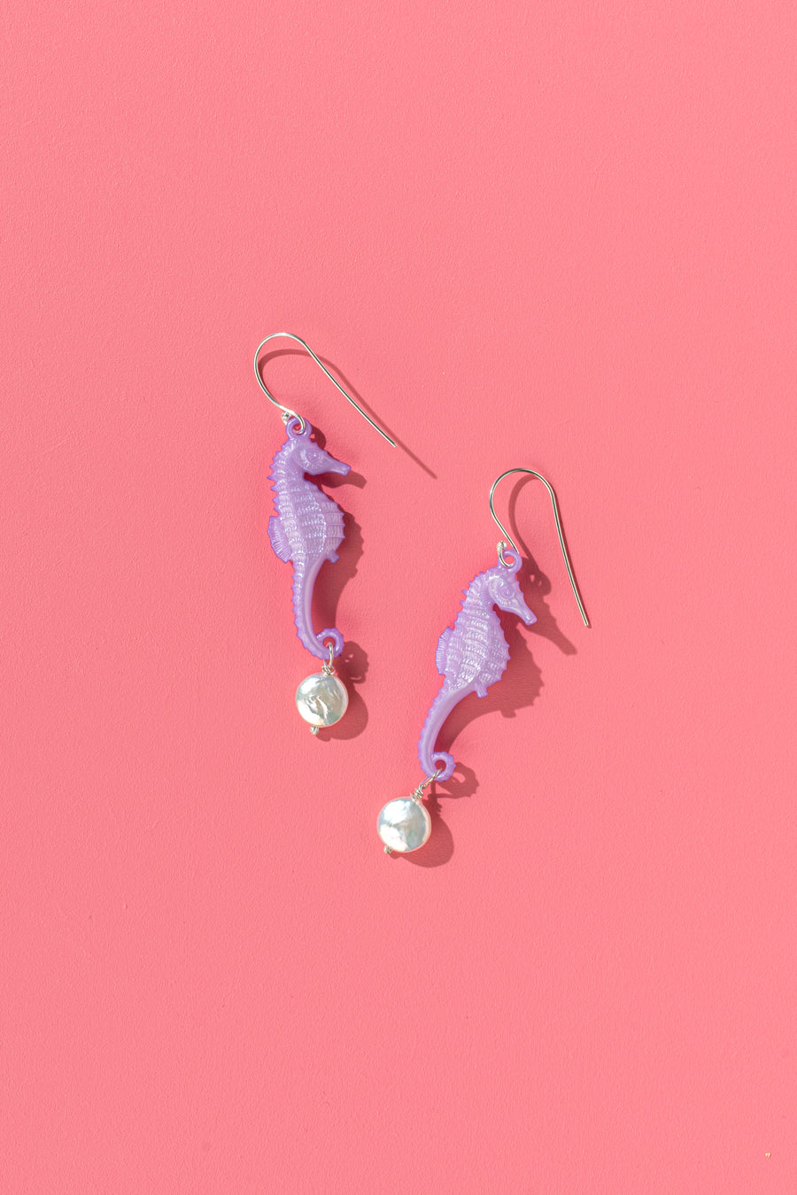 Emotional Support Seahorse earrings - purple with coin pearls