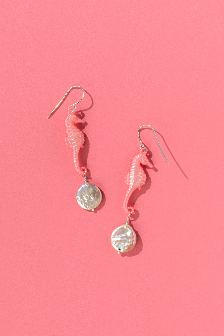 Emotional Support Seahorse earrings - coral pink with coin pearls