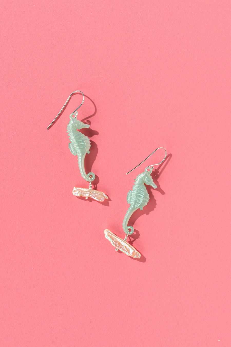 Emotional Support Seahorse earrings - seafoam with biwa pearls
