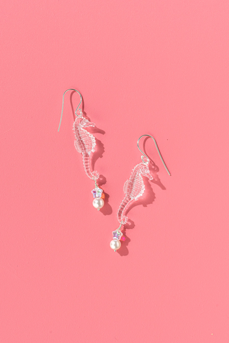 Emotional Support Seahorse earrings - clear with stars and pearls