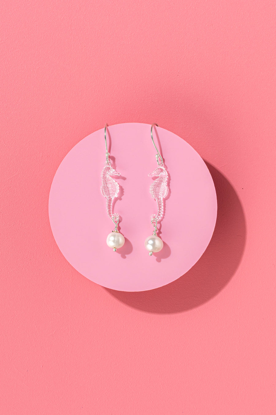 Little Emotional Support Seahorse earrings - clear with pearls