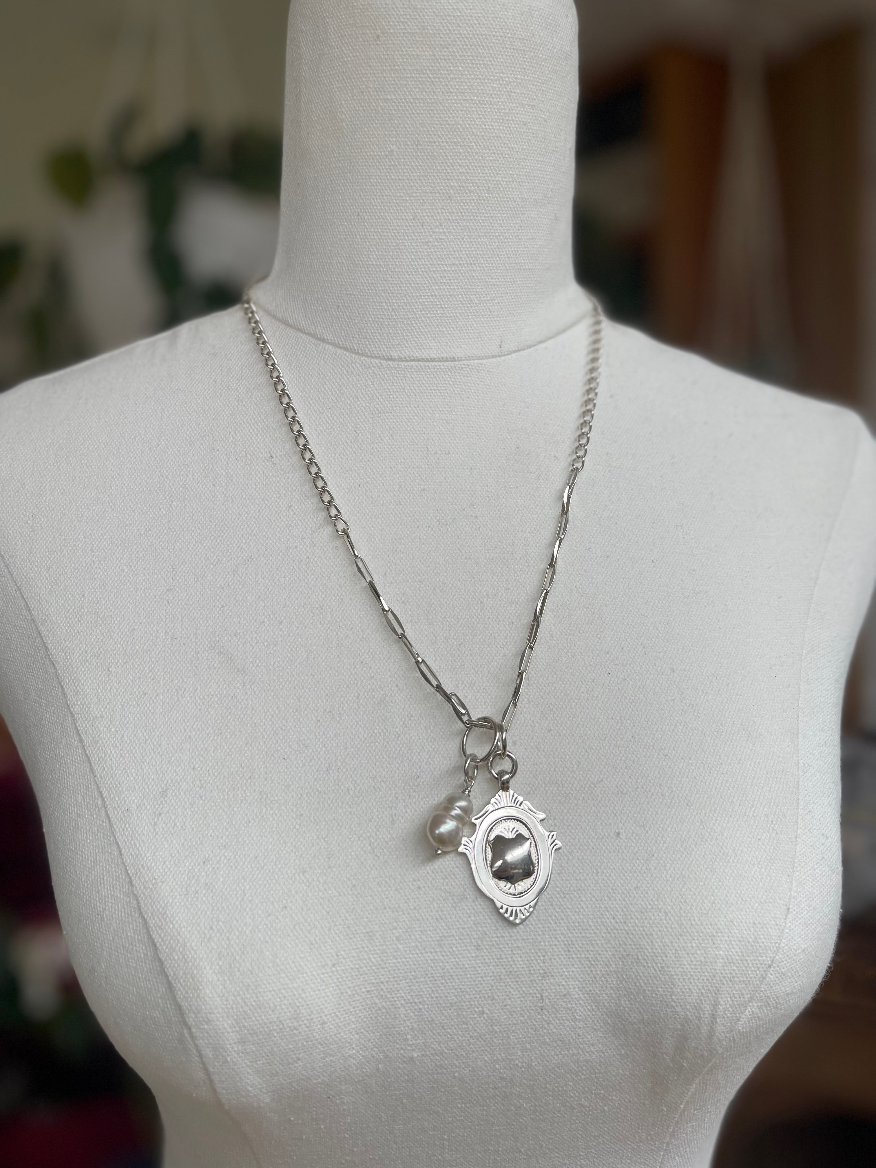 Vintage fob chain necklace with medal & large reclaimed pearl