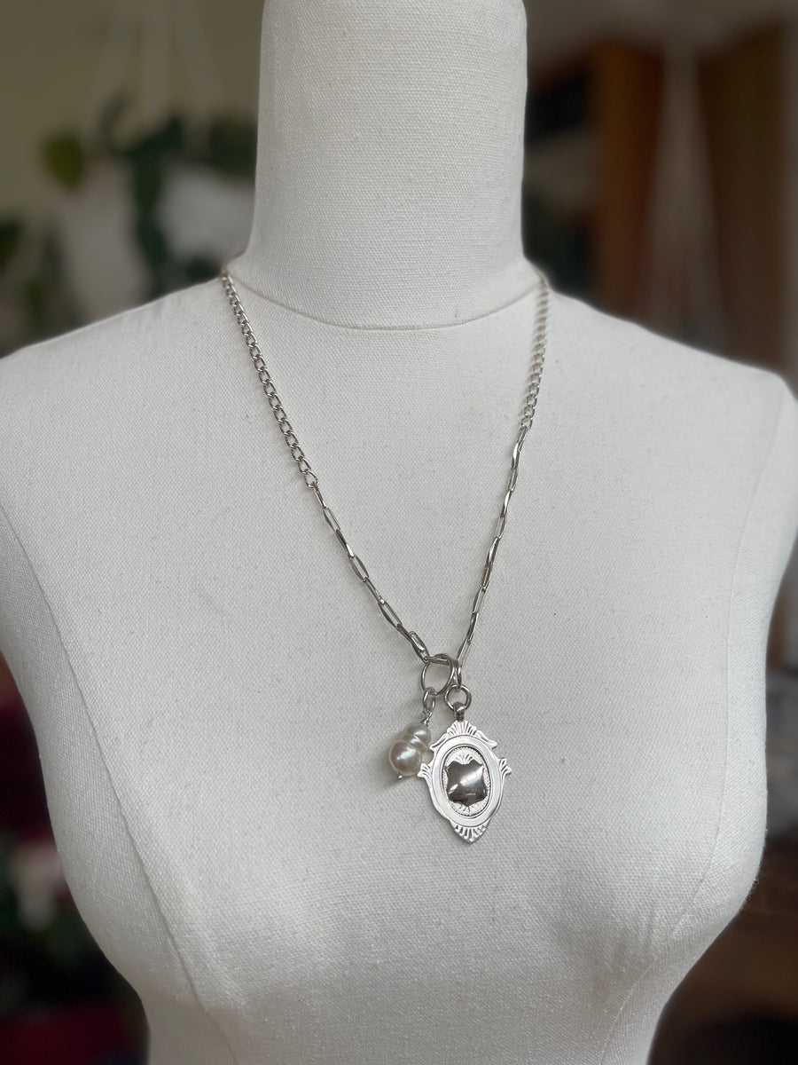 Vintage fob chain necklace with medal & large reclaimed pearl