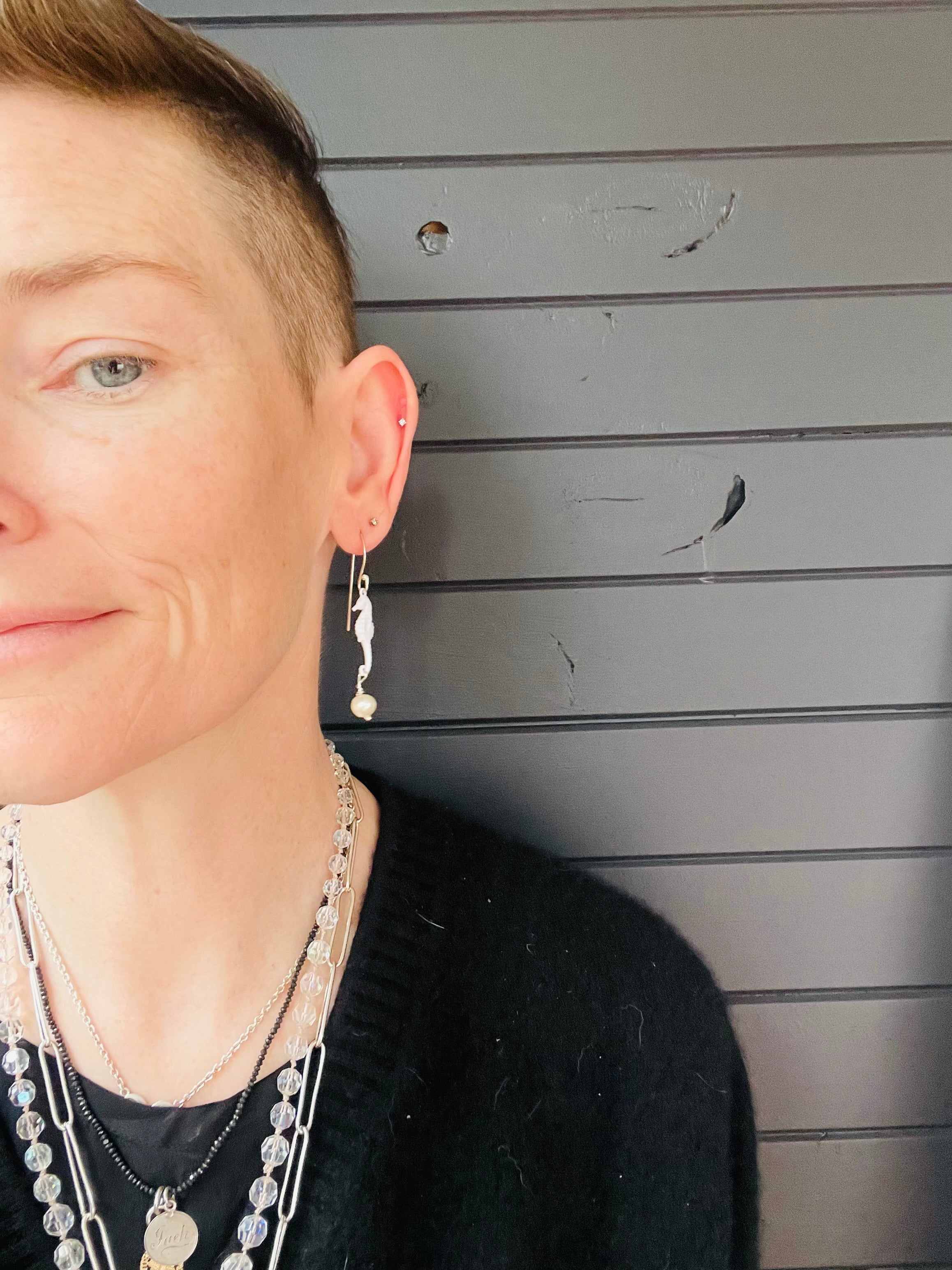 Little Emotional Support Seahorse earrings - clear with pearls