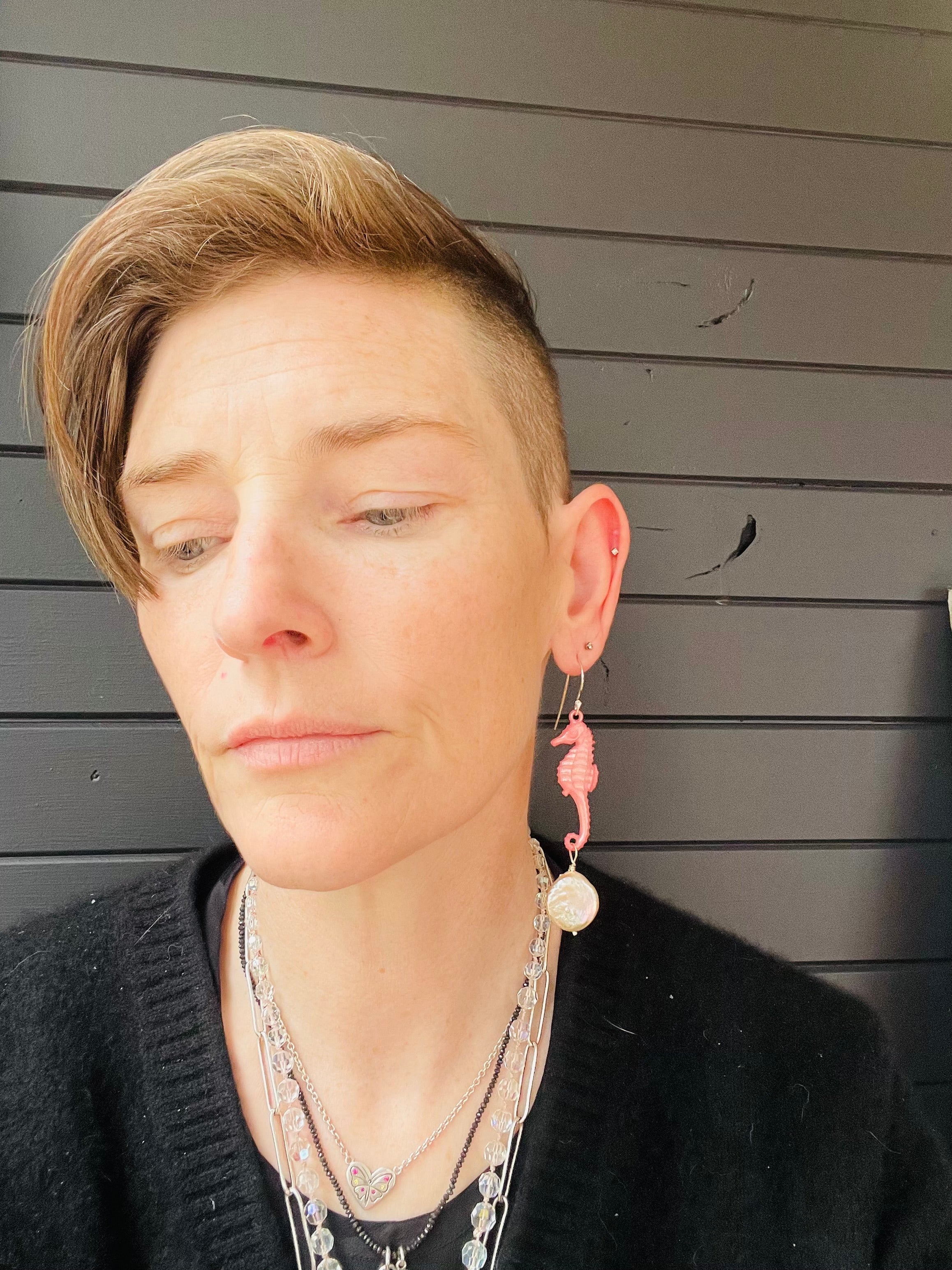 Emotional Support Seahorse earrings - coral pink with coin pearls