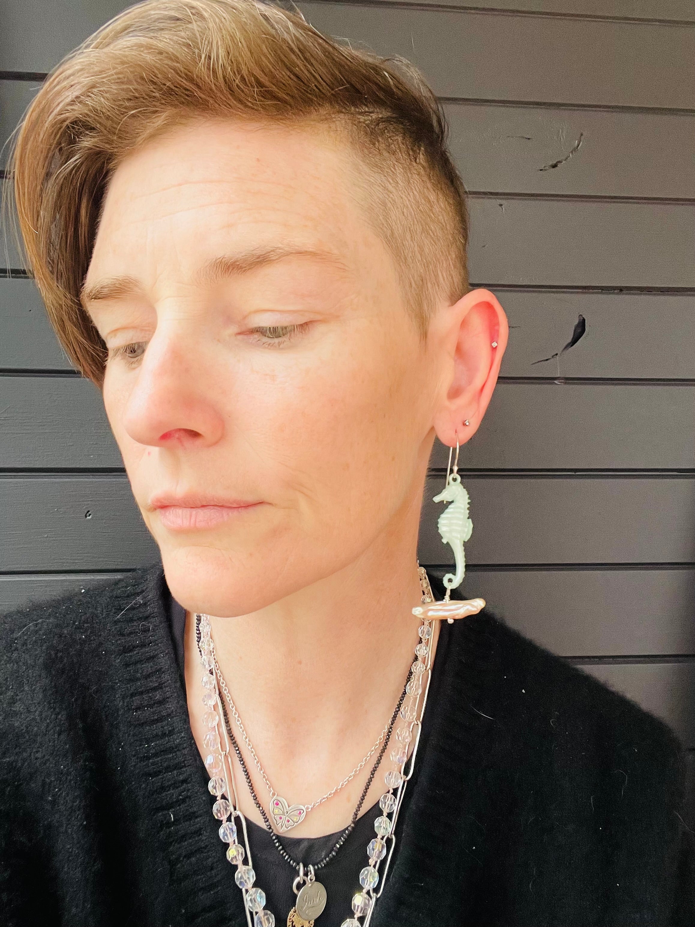 Emotional Support Seahorse earrings - seafoam with biwa pearls