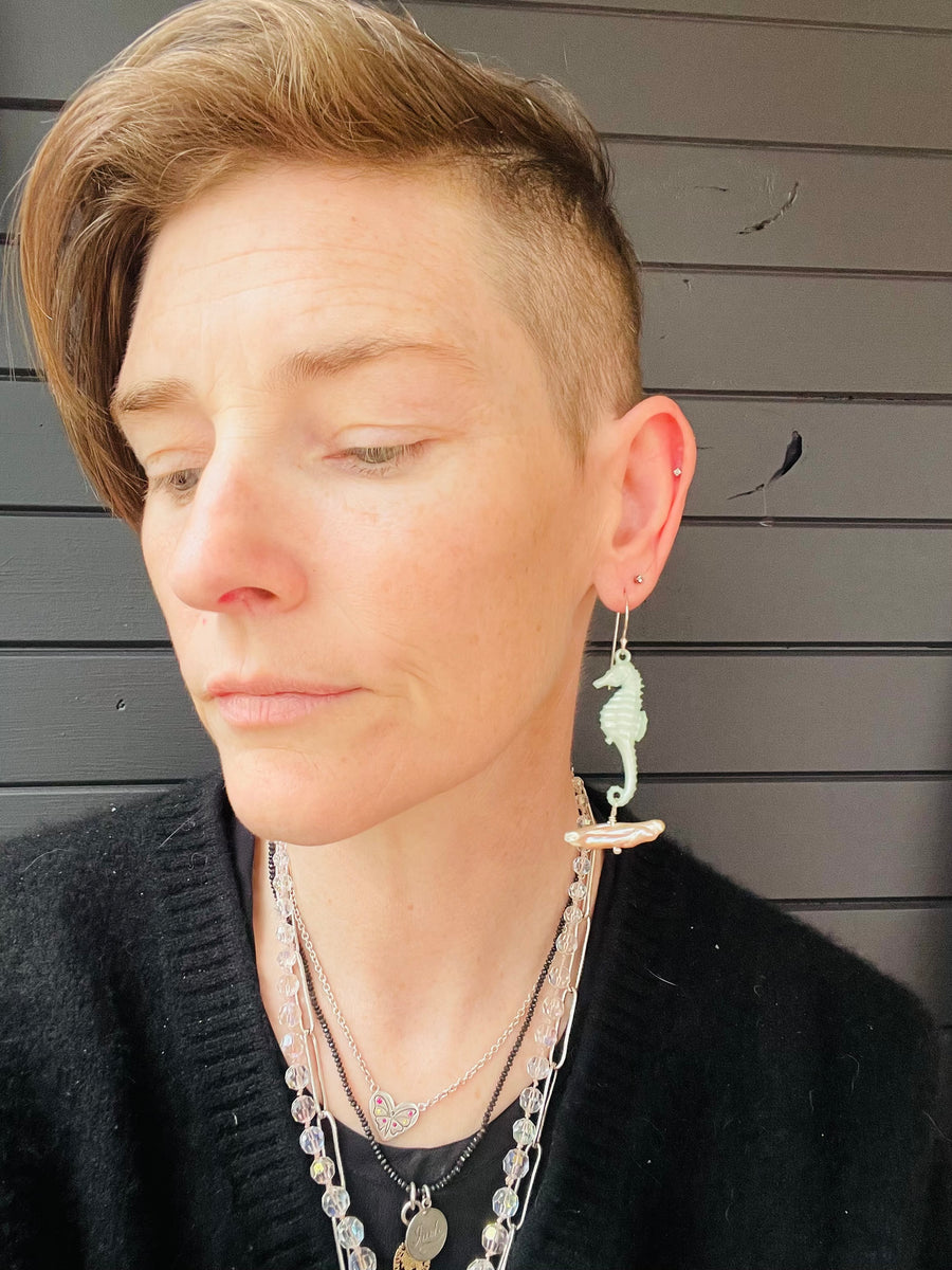 Emotional Support Seahorse earrings - seafoam with biwa pearls