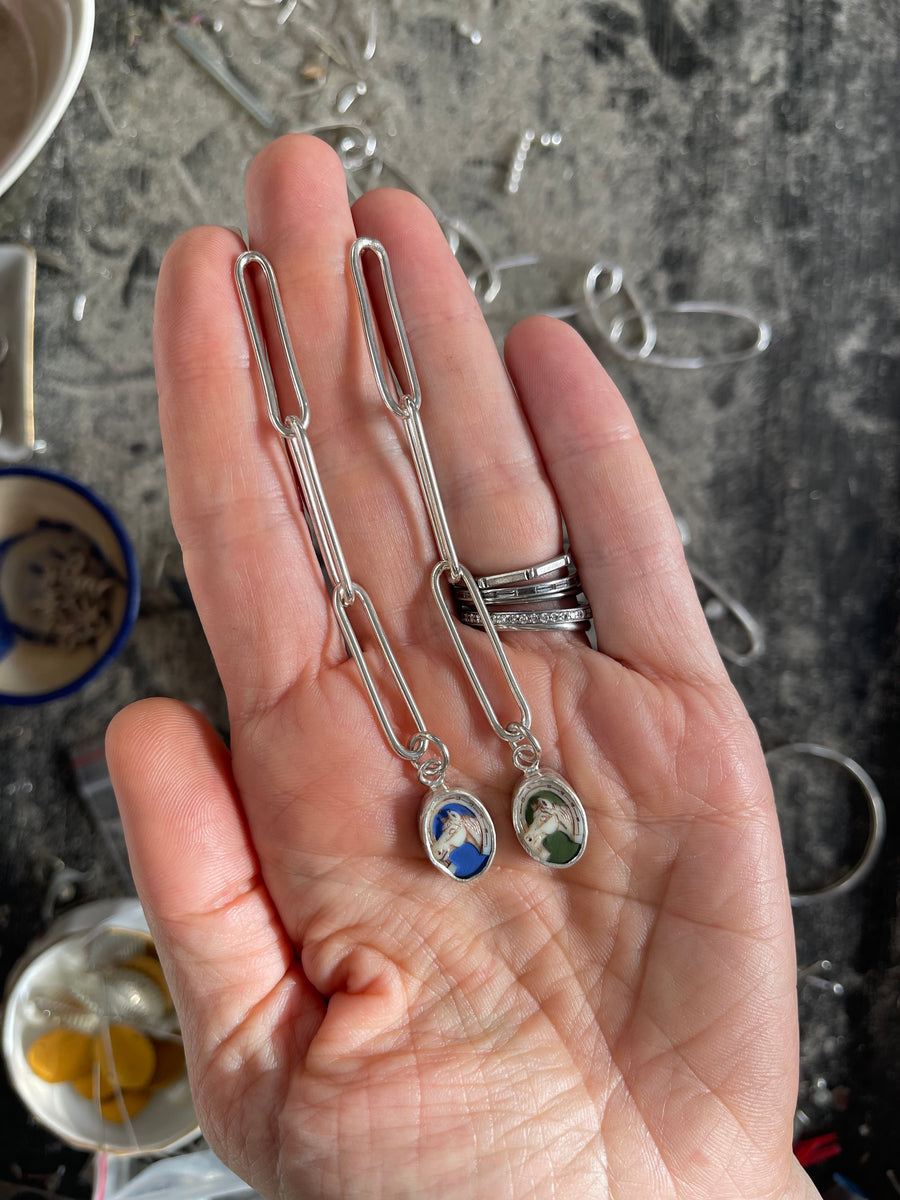 MENAGERIE // 3 - chain link earrings with blue and green horses