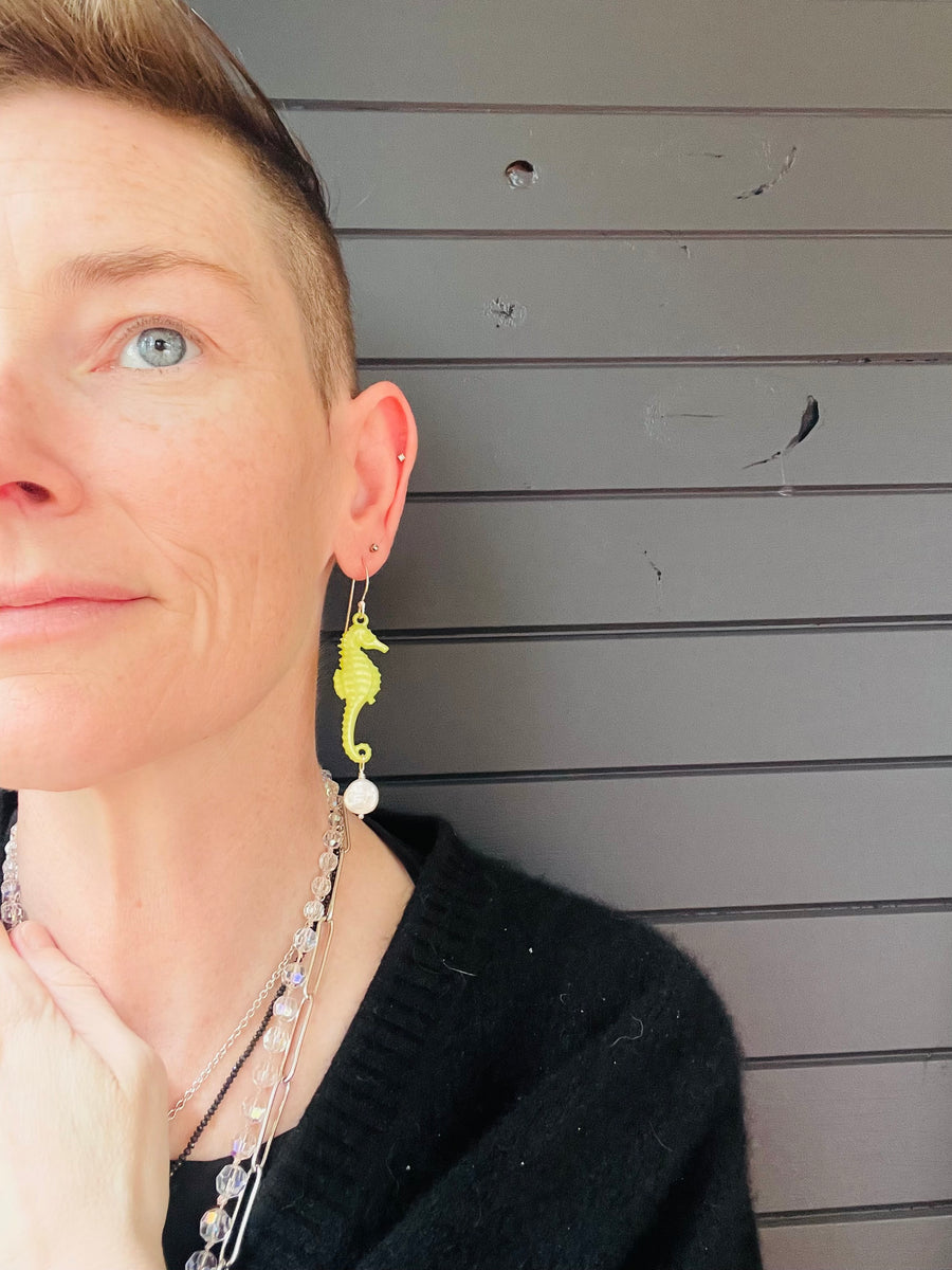 Emotional Support Seahorse earrings - yellow with coin pearls