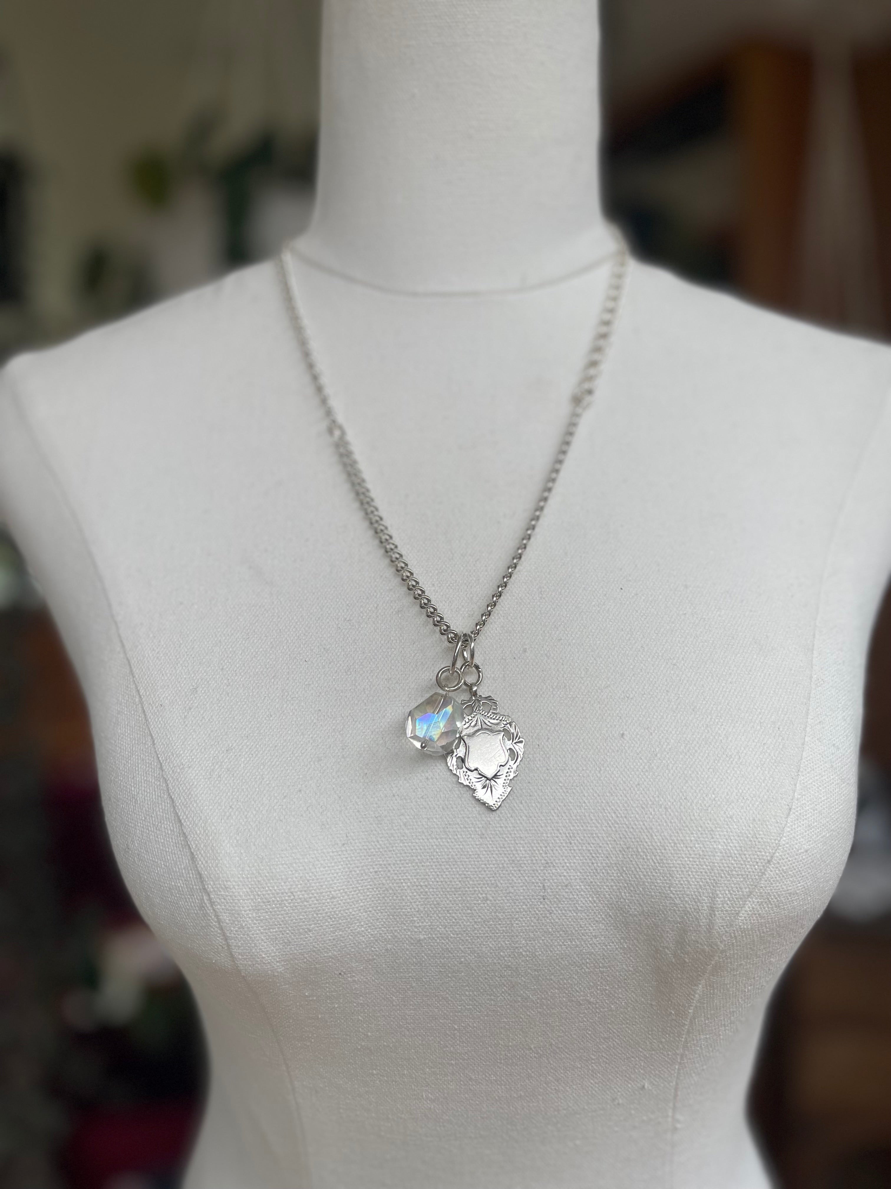 Vintage fob chain necklace with medal & Japanese crystal