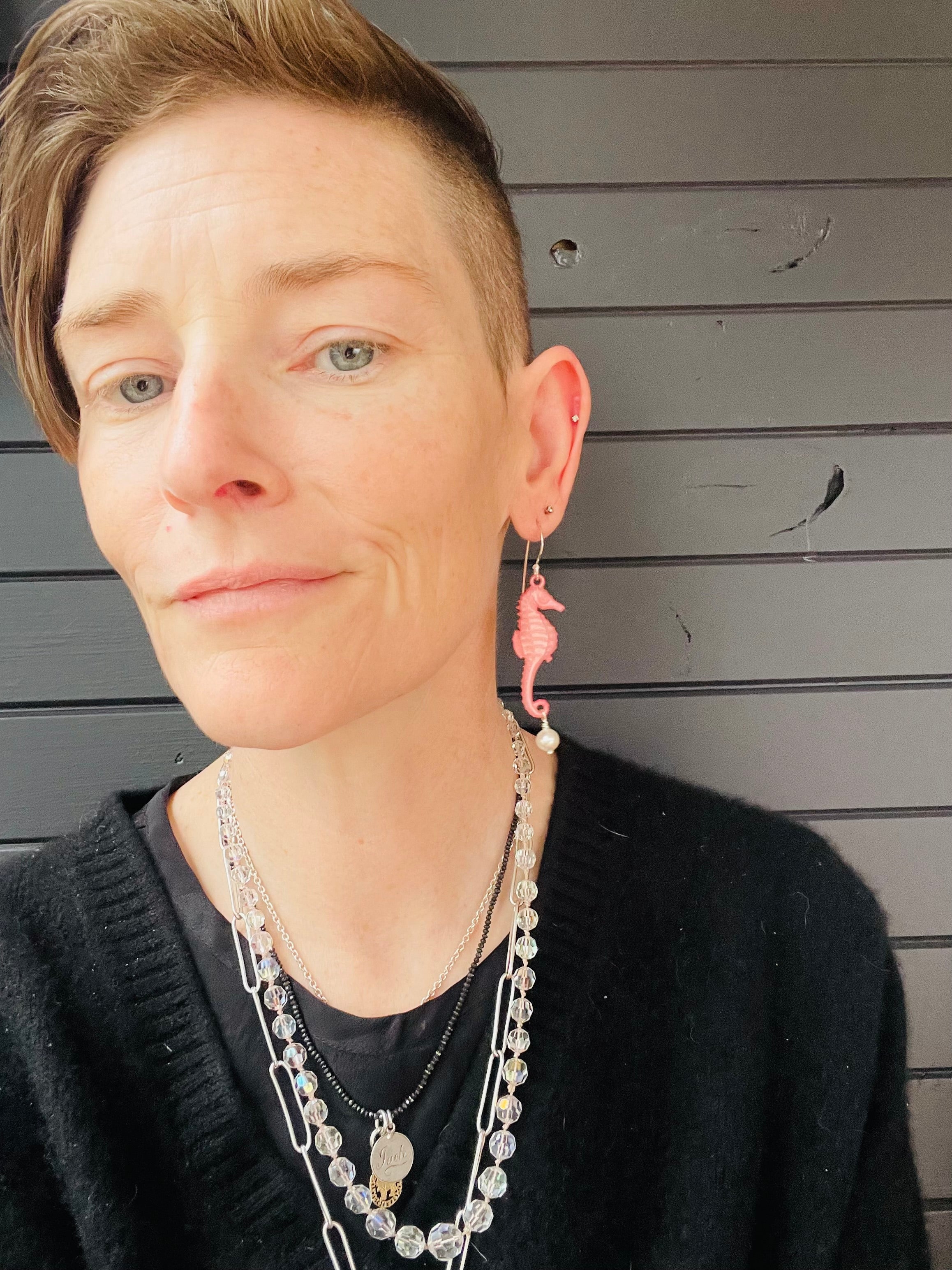 Emotional Support Seahorse earrings - clear with pearls