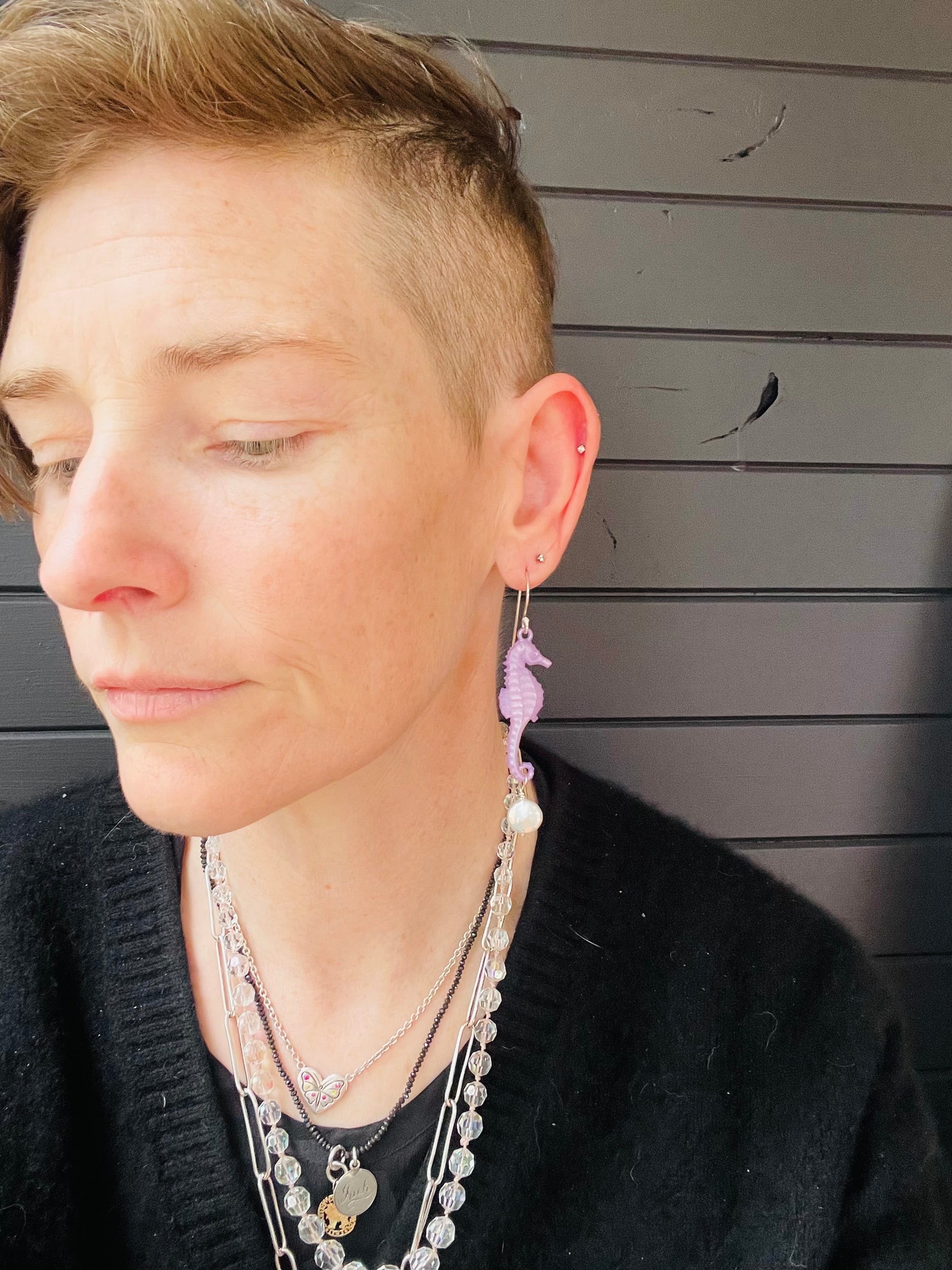 Emotional Support Seahorse earrings - purple with coin pearls