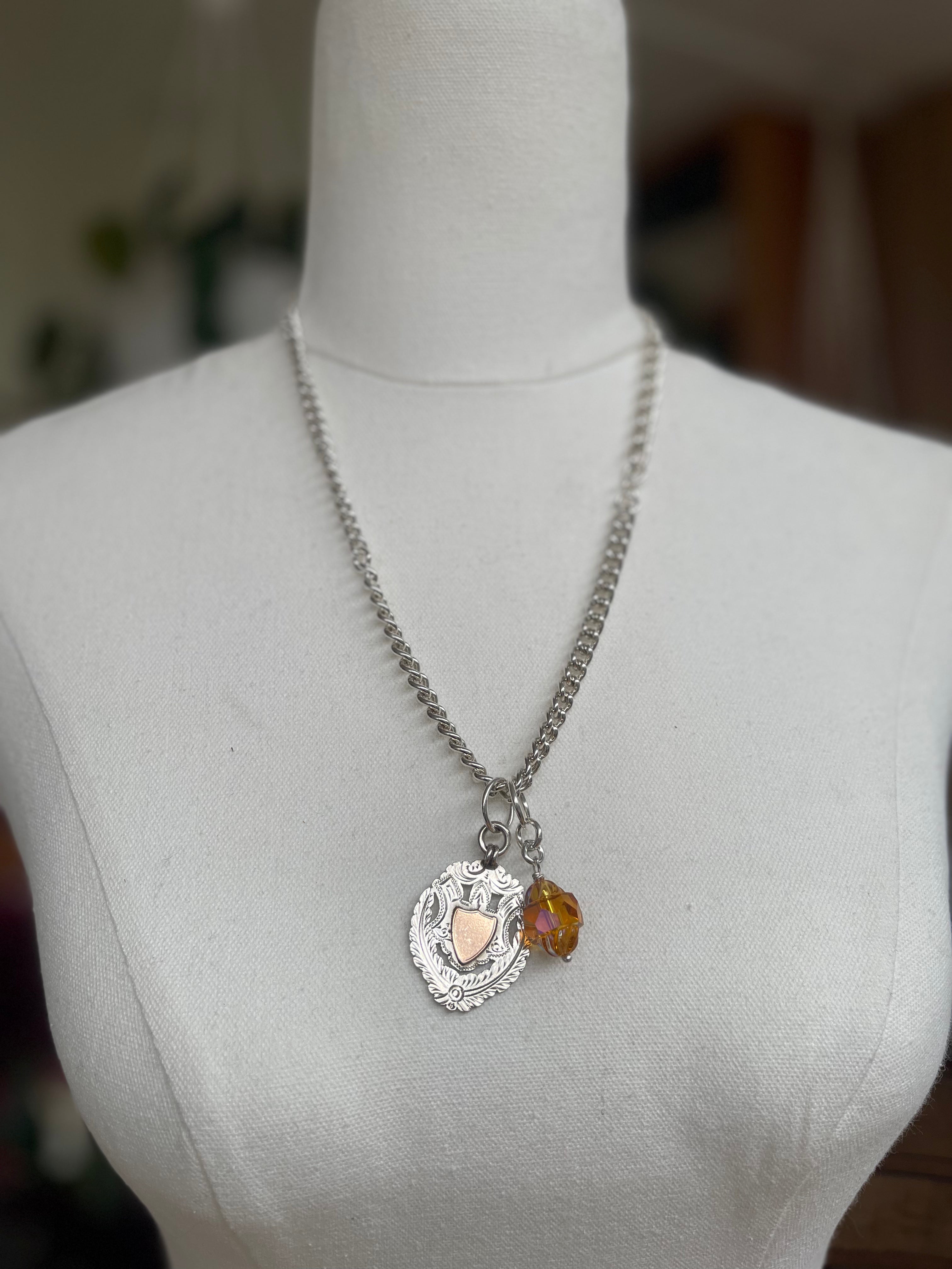 Vintage fob chain necklace with medal & Austrian crystal