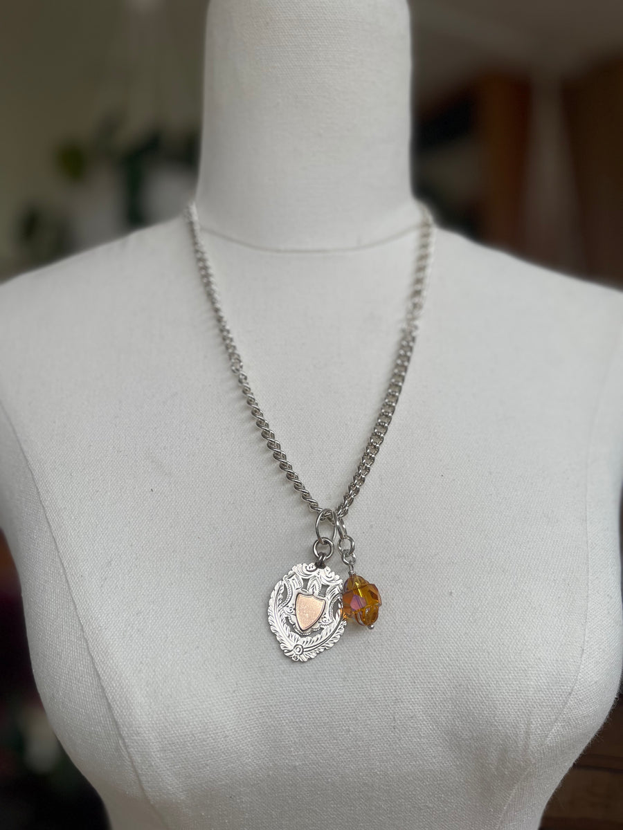 Vintage fob chain necklace with medal & Austrian crystal
